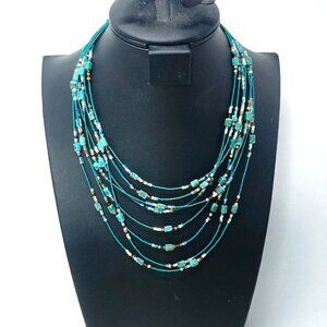 Multi-Strand Beaded Necklace With Adjustable Clasp 15" Turquoise/Brown/Gold